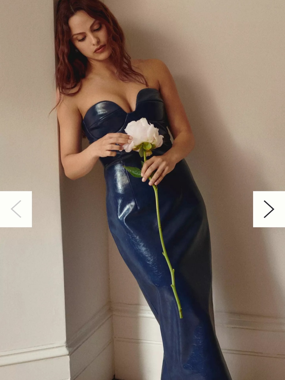 Strapless Navy Faux Leather Midi Dress with Sweetheart Neckline